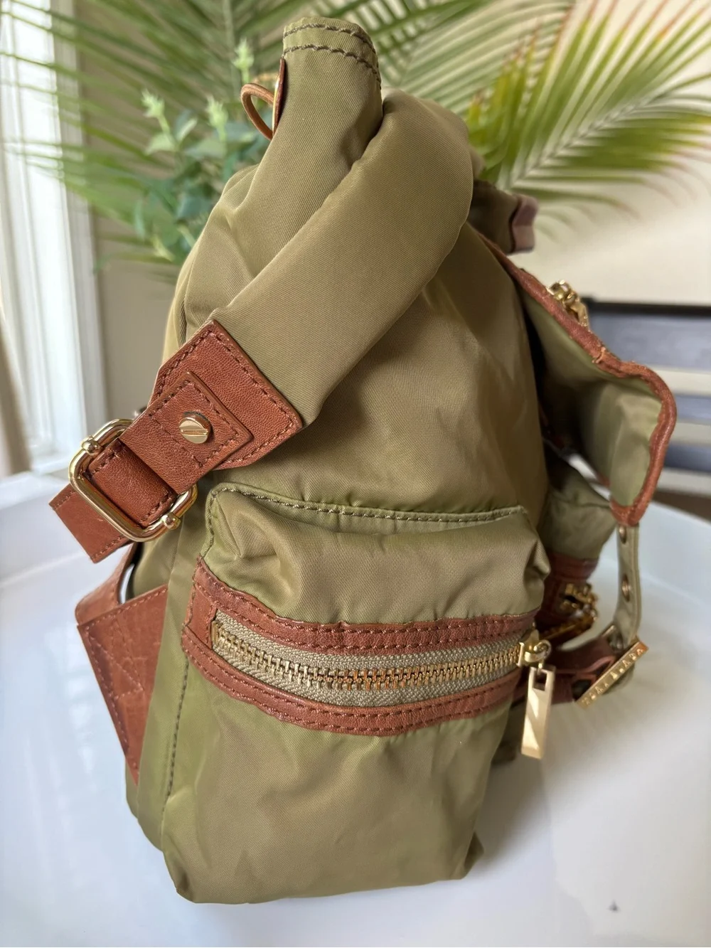 Tory Burch Olive Green Nylon Backpack with Brown Trim and  display picture 2